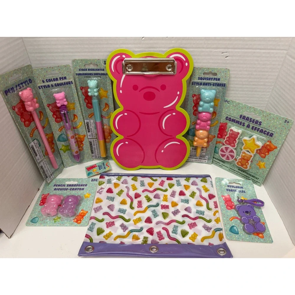 Gummy Bear Stationery Set Clipboard Pencil Pouch Pens Erasers Keychain Bundle